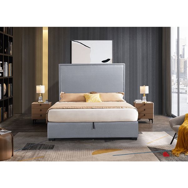 True Contemporary Byron Grey Linen Hydraulic Lift Up Storage Platform Bed