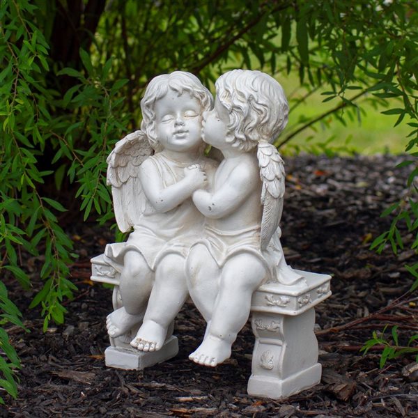 Northlight Kissing Cherubs Sitting on Bench 9.75-in Grey Polyresin Outdoor Garden Statue