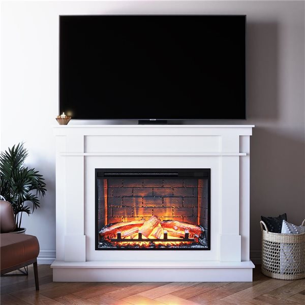 Ameriwood Home Elmcroft 58 W x 44 H x 18-in D White Wood Fireplace Mantel w/ Electric Freestanding Fireplace