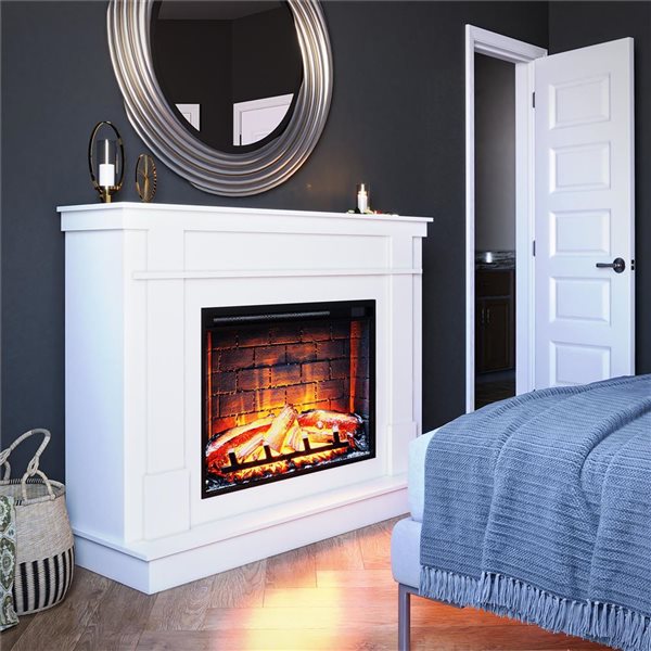 Ameriwood Home Elmcroft 58 W x 44 H x 18-in D White Wood Fireplace Mantel w/ Electric Freestanding Fireplace
