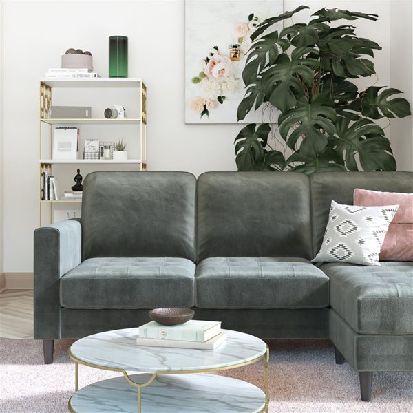 CosmoLiving Strummer Modern Grey Velvet Reversible Sectional Sofa Couch