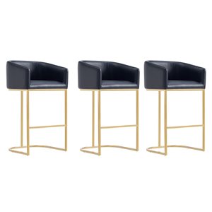 Manhattan Comfort Louvre Black/Titanium Gold Mid-Century Leatherette Upholstered Barstools - Set of 3
