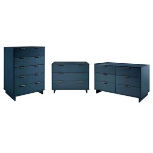 Manhattan Comfort Granville Blue 3-Piece Modern Solid Wood Bedroom Set w/ Double Dresser