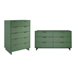 Manhattan Comfort Granville Green 2-Piece Modern Solid Wood 5-Drawer Chest and Double Dresser Set