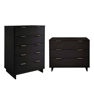 Manhattan Comfort Granville Black 2-Piece Modern Solid Wood Tall 5-Drawer Chest and Dresser Set