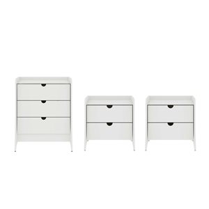 Ensemble de chambre à coucher 3 mcx Coney Manhattan Comfort avec commode et tables de chevet du milieu du siècle blanc
