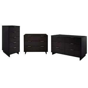 Manhattan Comfort Granville Black 3-Piece Modern Solid Wood Bedroom Set w/ Double Dresser