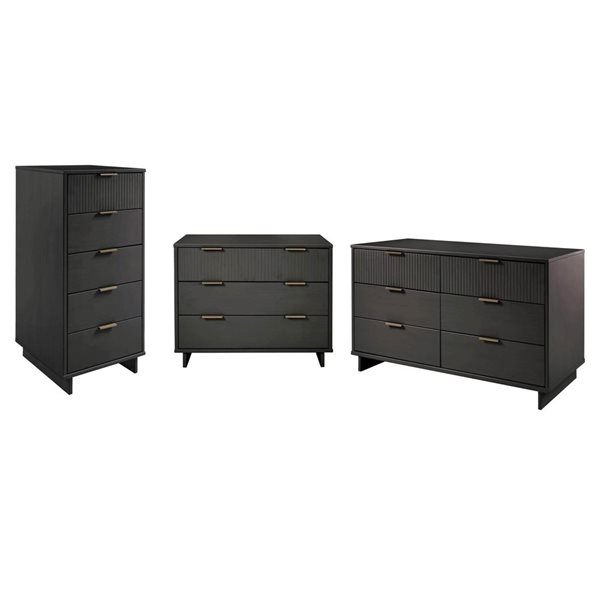 Manhattan Comfort Granville Dark Grey 3-Piece Modern Solid Wood Bedroom Set w/ Double Dresser