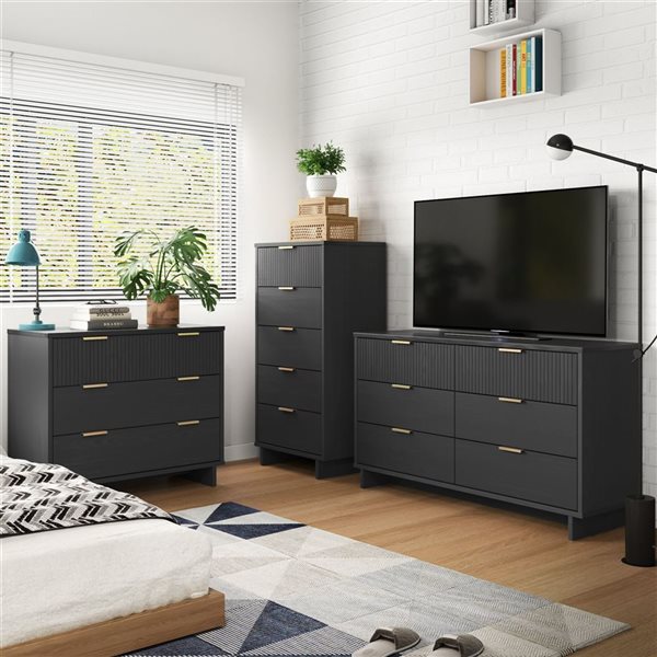 Manhattan Comfort Granville Dark Grey 3-Piece Modern Solid Wood Bedroom Set w/ Double Dresser