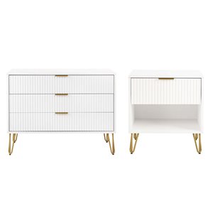 Commode standard moderne à 3 tiroirs et table de chevet à 1 tiroir DUMBO Manhattan Comfort 2 pièces en blanc