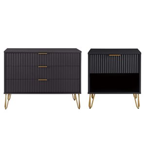 Manhattan Comfort DUMBO Black 2-Piece Modern Standard Dresser and 1-Drawer Nightstand Set