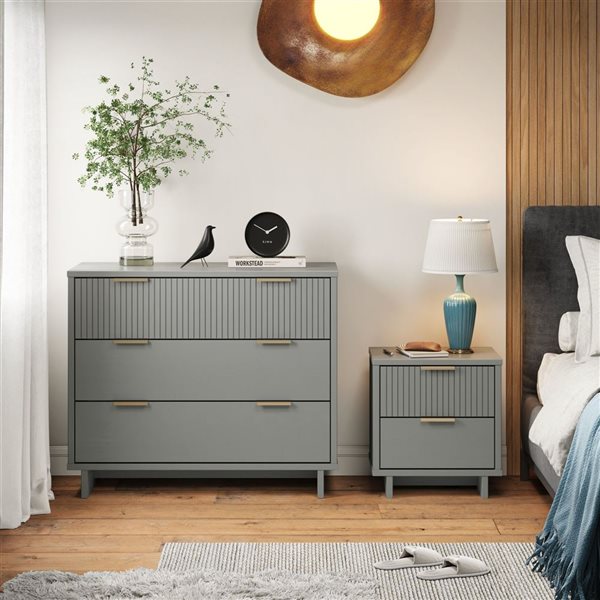 Manhattan Comfort Granville Light Grey 2-Piece Modern Solid Wood Dresser and 2-Drawer Nightstand Set