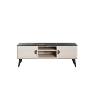 Meuble télé moderne du milieu du siècle Haley Manhattan Comfort en marbre boir et blanc pour téléviseurs de 48 po max.