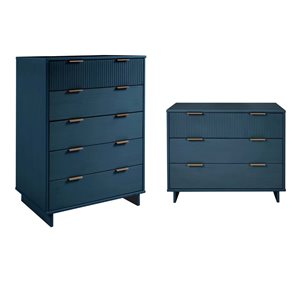 Ensemble de 2 commodes à 5 tiroirs et 3 tiroirs en bois massif moderne Granville en bleu foncé