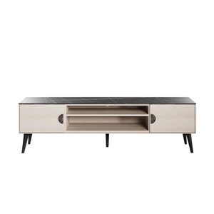 Meuble télé moderne du milieu du siècle Haley Manhattan Comfort en marbre boir et blanc pour téléviseurs de 55 po max.