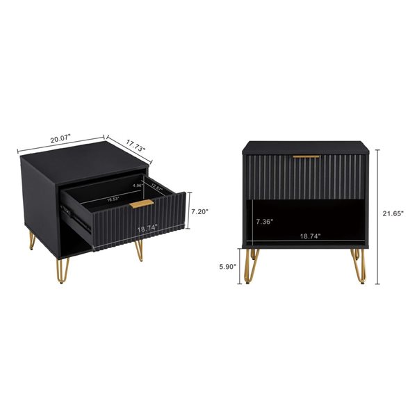 Manhattan Comfort DUMBO Set of 2 Black Modern 1-Drawer Nightstand