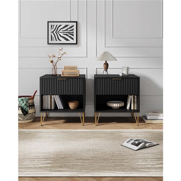 Manhattan Comfort DUMBO Set of 2 Black Modern 1-Drawer Nightstand
