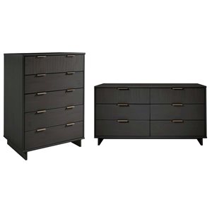 Manhattan Comfort Granville Dark Grey 2-Piece Modern Solid Wood 5-Drawer Chest and Double Dresser Set