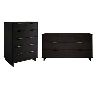 Manhattan Comfort Granville Black 2-Piece Modern Solid Wood 5-Drawer Chest and Double Dresser Set