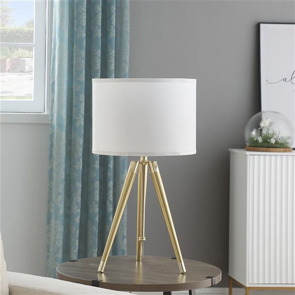 ORE International 25.75-32.5-in H Adjustable Height Shiny Gold Modern Tripod Table Lamp w/ White Cotton Drum Shade