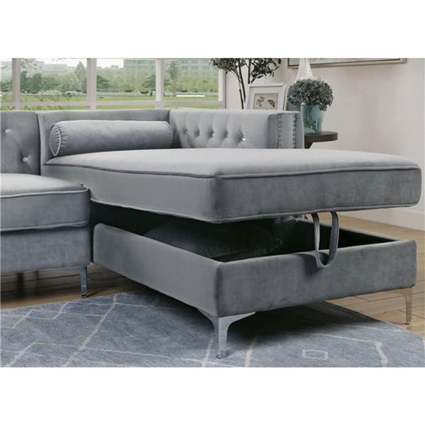 HomeTrend Celeste Glam Grey Velvet 2pc Sectional w/ Right Side Storage Chaise