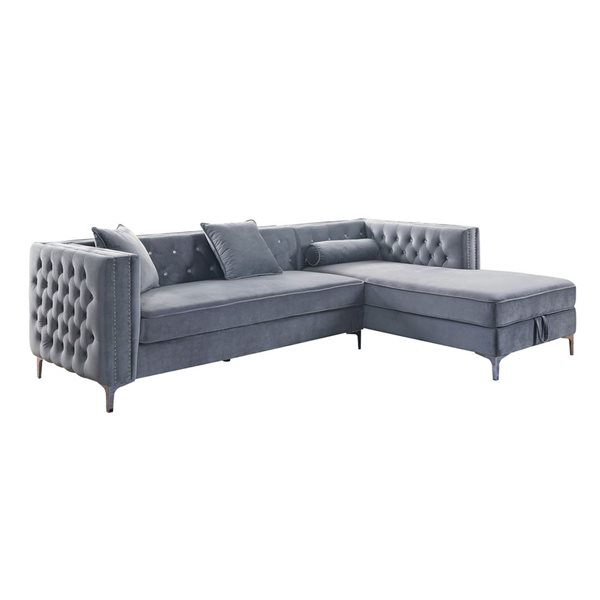 HomeTrend Celeste Glam Grey Velvet 2pc Sectional w/ Right Side Storage Chaise