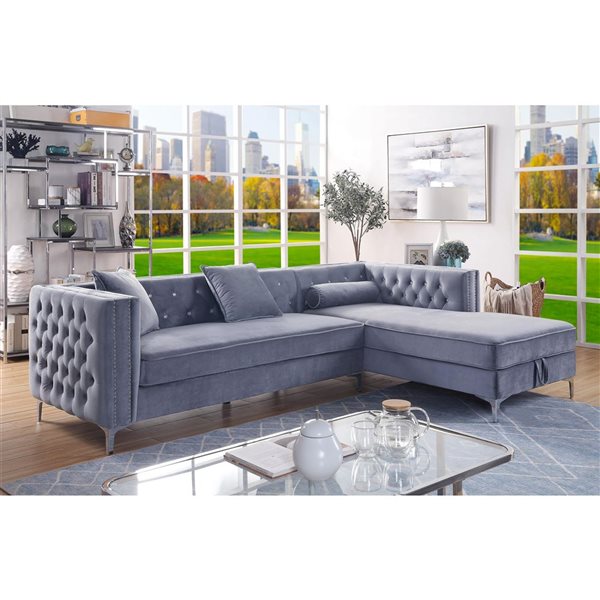 HomeTrend Celeste Glam Grey Velvet 2pc Sectional w/ Right Side Storage Chaise