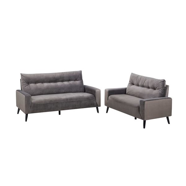 HomeTrend Veronica 2-Piece Charcoal Velvet Living Room Set w/ Sofa and Loveseat
