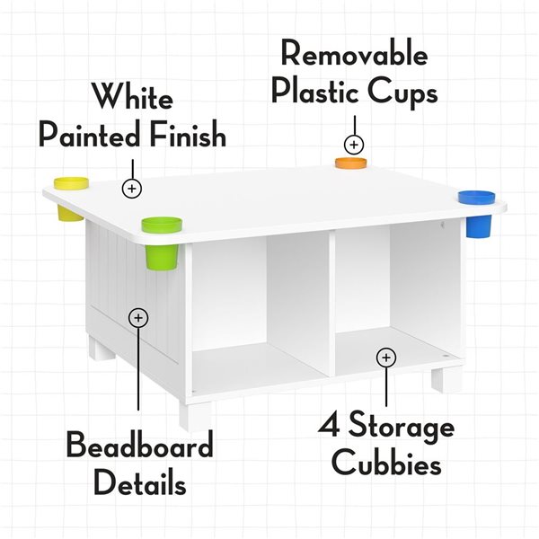 RiverRidge Home Kid's Arts and Crafts Table w/ 4 Storage Cubbies + 4 Storage Cups - White