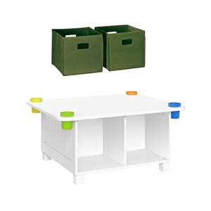 RiverRidge Home Kid's Arts and Crafts Table w/ 4 Storage Cubbies + 4 Storage Cups - White w/ 2 Olive Bins