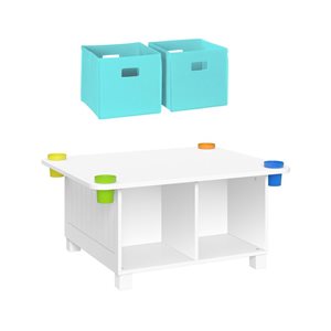 RiverRidge Home Kid's Arts and Crafts Table w/ 4 Storage Cubbies + 4 Storage Cups - White w/ 2 Aqua Bins