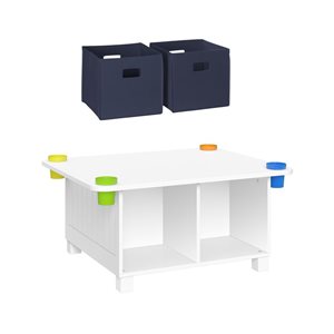 RiverRidge Home Kid's Arts and Crafts Table w/ 4 Storage Cubbies + 4 Storage Cups - White w/ 2 Navy Bins