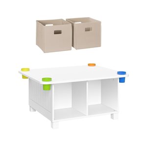 RiverRidge Home Kid's Arts and Crafts Table w/ 4 Storage Cubbies + 4 Storage Cups - White w/ 2 Taupe Bins