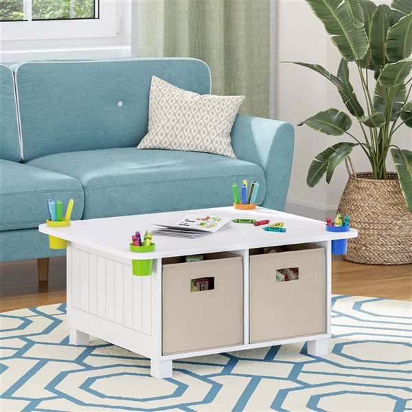 RiverRidge Home Kid's Arts and Crafts Table w/ 4 Storage Cubbies + 4 Storage Cups - White w/ 2 Taupe Bins