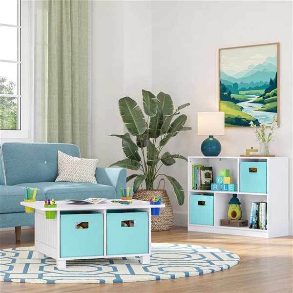 RiverRidge Home Kid's Arts and Crafts Table w/ 4 Storage Cubbies + 4 Storage Cups - White w/ 2 Taupe Bins