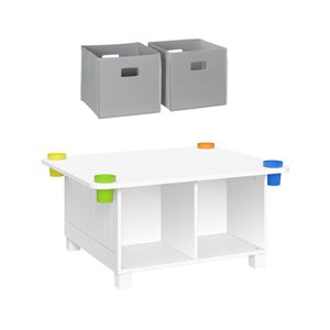 RiverRidge Home Kid's Arts and Crafts Table w/ 4 Storage Cubbies + 4 Storage Cups - White w/ 2 Grey Bins