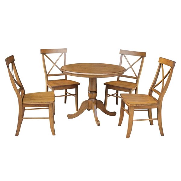 International Concepts 36-in Round Top Pedestal Extension Table Set w/ 12-in Leaf and 4 X-Back Chairs - Pecan