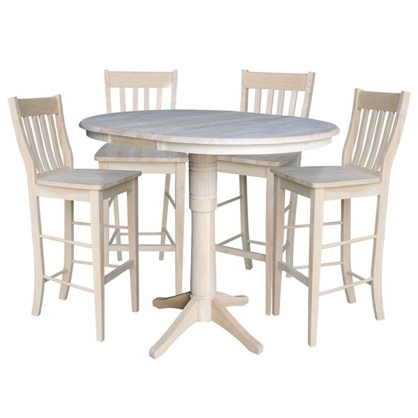 International Concepts 36-in Round Extension Dining Table 40.9-in Set w/ 4 Cafe Bar Height Stools - Unfinished