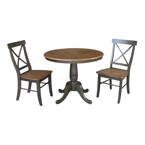 International Concepts 36-in Round Extension Dining Table w/ 2 Chairs - Hickory/Washed Coal
