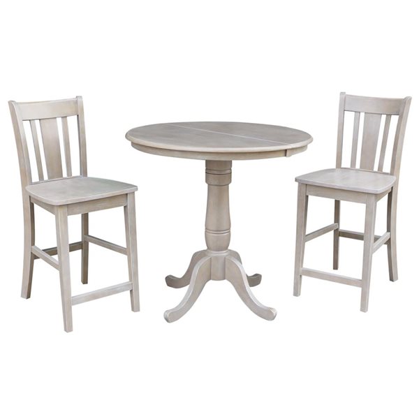 International Concepts 36-in Round Extension Dining Table w/ 2 San Remo Counter Height Stools - Washed Grey Taupe