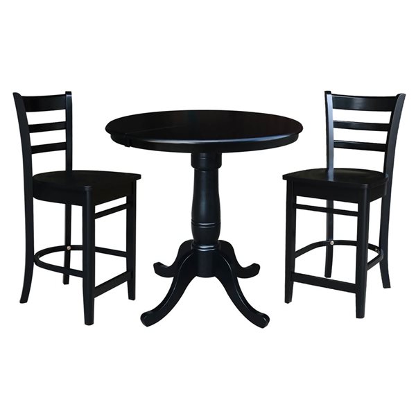 International Concepts 36-in Round Counter Height Extension Dining Table w/ Leaf and 2 Emily Counter Stools - Black