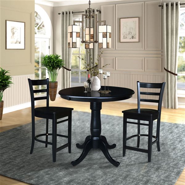 International Concepts 36-in Round Counter Height Extension Dining Table w/ Leaf and 2 Emily Counter Stools - Black