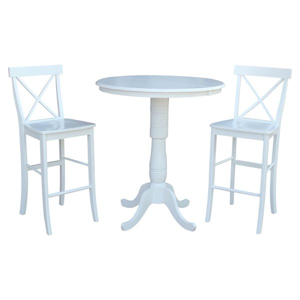 International Concepts 36-in Round Extension Dining Table 40.9-in H w/ 2 X-Back Bar Height Stools - White