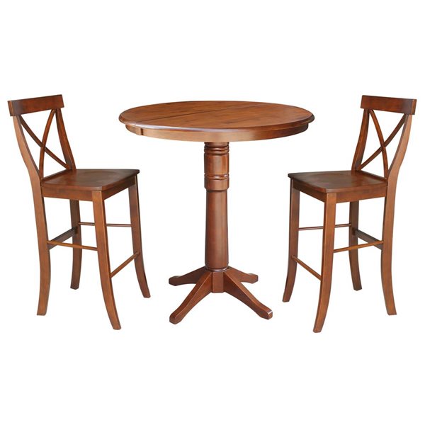 International Concepts 36-in Round Extension Dining Table 40.9-in H w/ 2 X-Back Bar Height Stools - Espresso