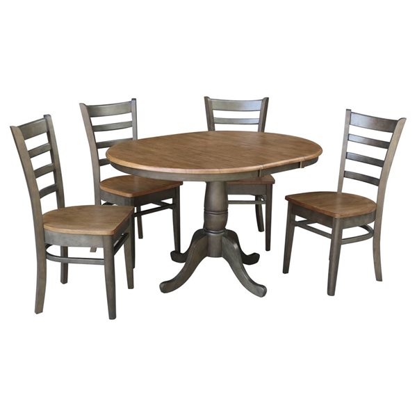 International Concepts 36-in Round Extension Dining Table w/ 4 Chairs - Hickory/Washed Coal