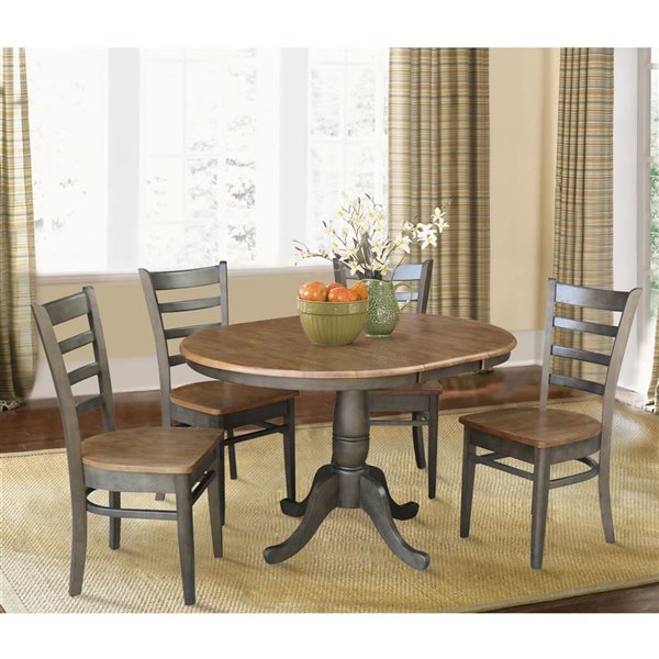 International Concepts 36-in Round Extension Dining Table w/ 4 Chairs - Hickory/Washed Coal