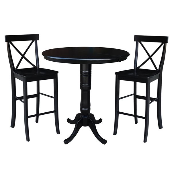 International Concepts 36-in Round Extension Dining Table 40.9-in Set w/ 2 X-Back Bar Height Stools - Black