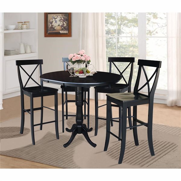 International Concepts 36-in Round Extension Dining Table 40.9-in Set w/ 2 X-Back Bar Height Stools - Black
