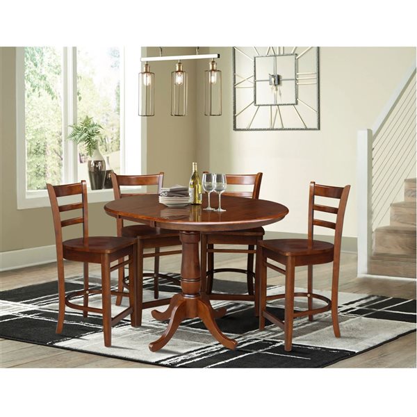 International Concepts 36-in Round Extension Wood Dining Table w/ 4 Emily Counter Height Stools - Espresso