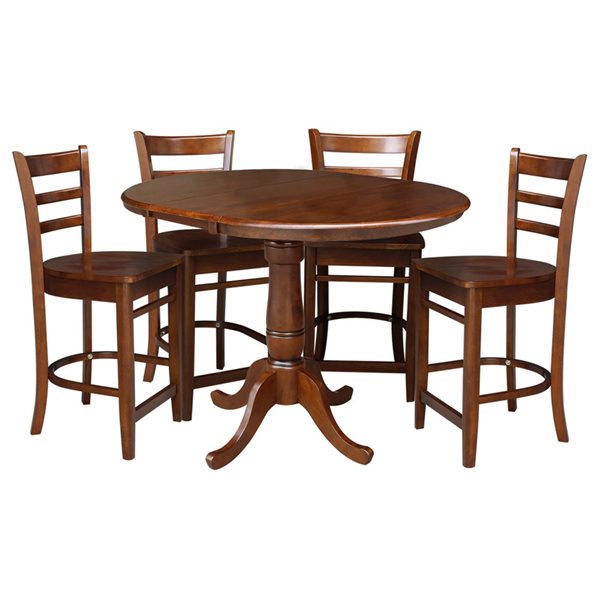 International Concepts 36-in Round Extension Wood Dining Table w/ 4 Emily Counter Height Stools - Espresso